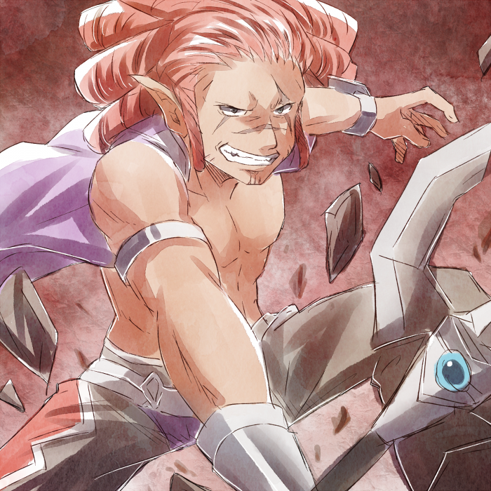 00s, 1boy, abs, armor, axe, clenched_teeth, grey_eyes, grin, jacket, long_hair, magnius, muscular, open_mouth, pants, pointy_ears, ponytail, red_hair, scar, tales_of_(series), tales_of_symphonia, teeth, weapon