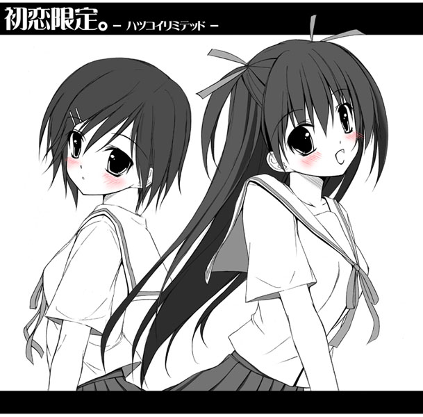 2girls, bessho_koyoi, blush, chikura_nao, fang, female_focus, greyscale, hair_ornament