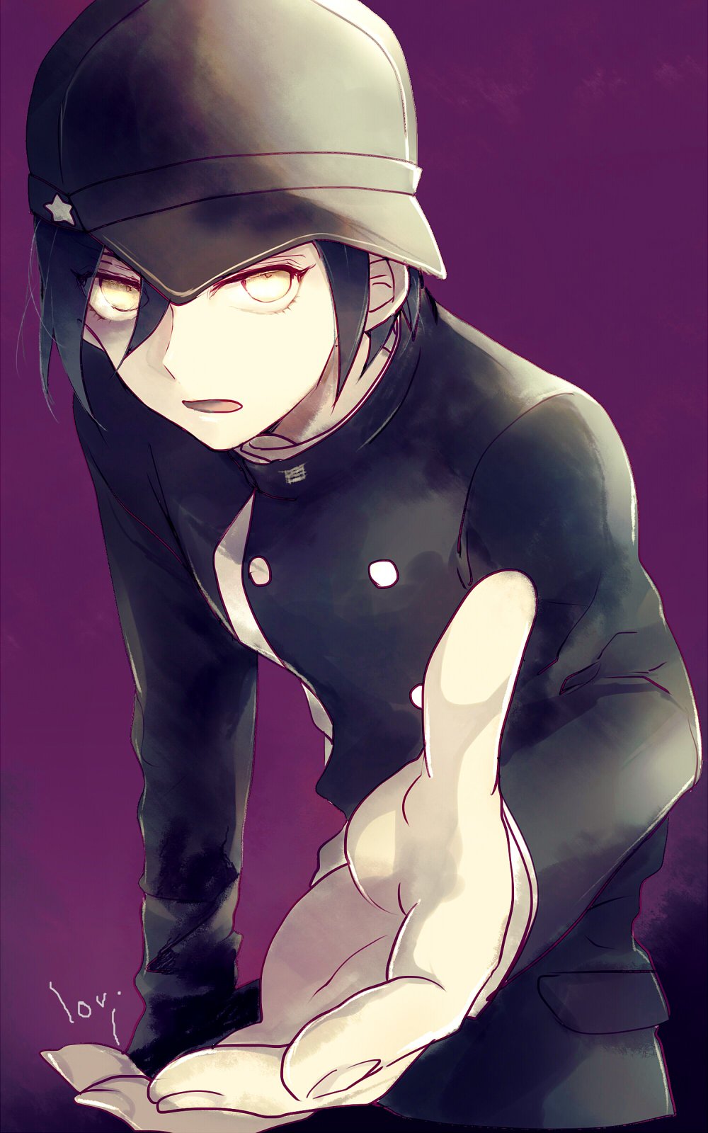 10s, 1boy, baseball_cap, beckoning, black_hair, danganronpa_(series), double-breasted, eyes_visible_through_hair