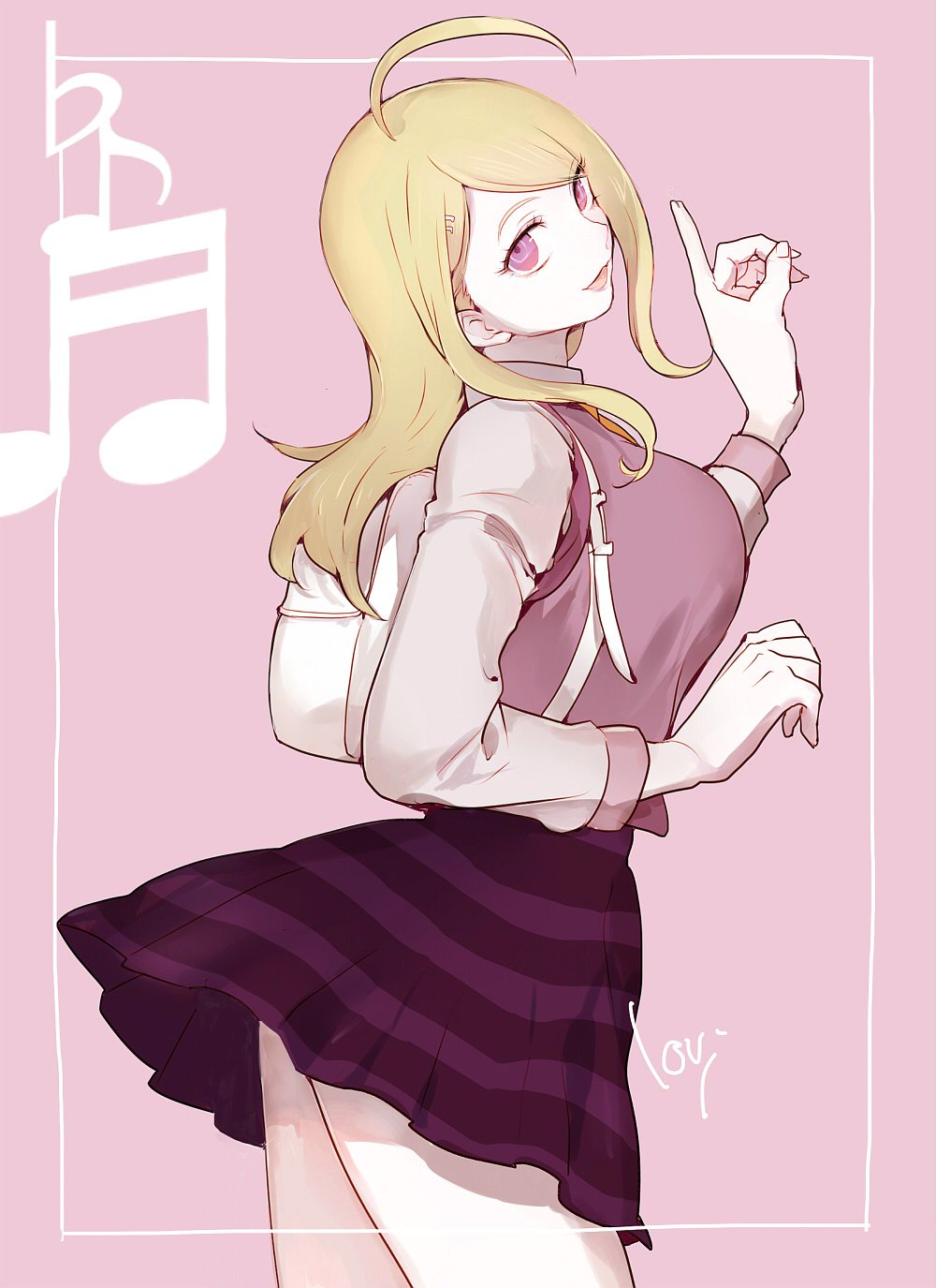 10s, 1girl, ahoge, akamatsu_kaede, backpack, bag, beamed_semiquavers, blonde_hair, breasts, cowboy_shot, danganronpa_(series), danganronpa_v3:_killing_harmony, female_focus, flat_sign, highres, index_finger_raised, large_breasts, looking_at_viewer, lovi_(momoko37), musical_note, pink_eyes, pleated_skirt, purple_skirt, randoseru, school_uniform, semiquaver, signature, skirt, smile, solo, striped_clothes, striped_skirt, sweater_vest