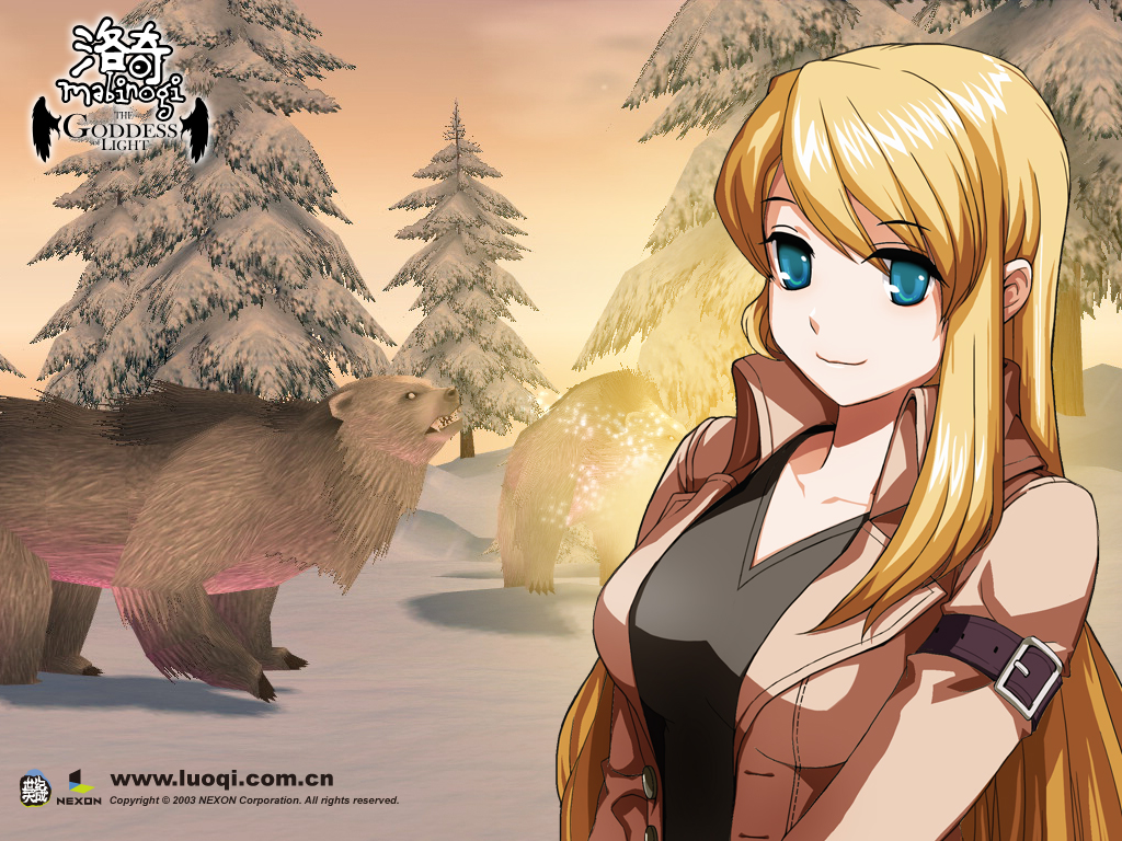 1girl, 2003, :3, bear, blonde_hair, blue_eyes, breasts, female_focus, forest, heledd, jacket, long_hair, mabinogi, nature, pine_tree, smile, snow, solo, tree, v-neck, watermark, web_address