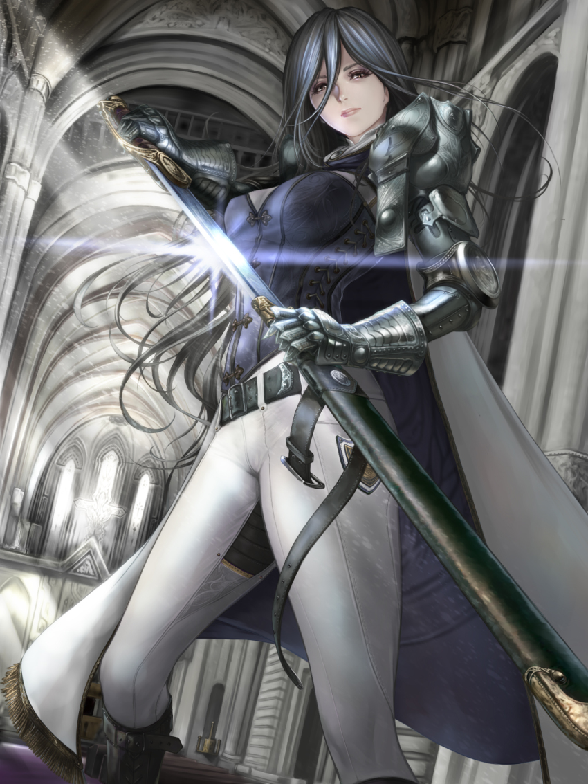 1girl, armor, bad_id, bad_pixiv_id, belt, black_hair, boots, breasts, brown_eyes, cape, female_focus, floating_hair, from_below, gauntlets, hair_between_eyes, highres, holding, holding_sword, holding_weapon, indoors, lipstick, long_hair, looking_at_viewer, makeup, medium_breasts, original, pants, pauldrons, sheath, shisshou_senkoku, shoulder_armor, solo, sword, unsheathing, vaulted_ceiling, very_long_hair, weapon, white_pants