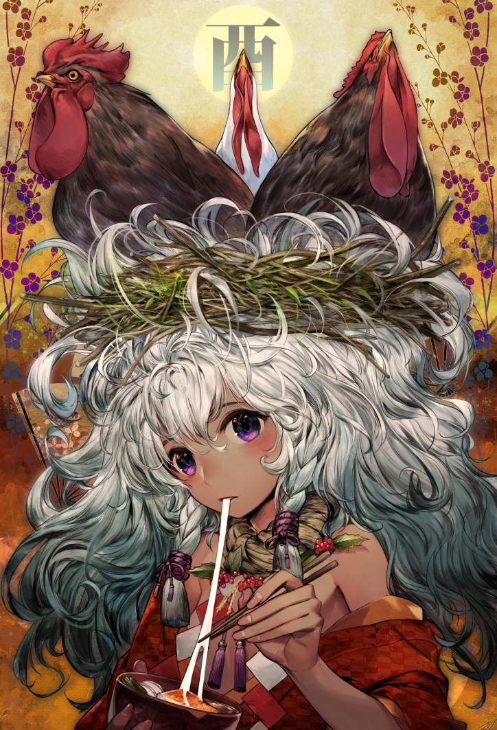 1girl, animal, animal_on_head, bad_id, bad_pixiv_id, bare_shoulders, bird, bird_on_head