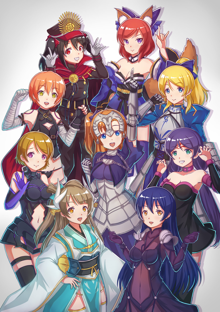 10s, 6+girls, :d, alternate_costume, animal_ears, armor, armored_dress, artoria_pendragon_(fate), ayase_eli, bandaged_arm, bandaged_hand, bandages, bare_shoulders, black_dress, black_hair, black_legwear, black_panties, blonde_hair, blue_eyes, blue_hair, blue_legwear, blue_ribbon, bodysuit, breasts, brown_hair, cape, chain, choker, claw_pose, cleavage, cosplay, covered_navel, crest, detached_sleeves, dress, elbow_gloves, everyone, family_crest, fate/apocrypha, fate/extra, fate/grand_order, fate/stay_night, fate_(series), faulds, fingerless_gloves, fox_ears, fox_shadow_puppet, fox_tail, gauntlets, gloves, green_eyes, group_picture, hair_ornament, hair_ribbon, hand_on_own_hip, hat, headpiece, highres, hoshizora_rin, jack_the_ripper_(fate/apocrypha), jack_the_ripper_(fate/apocrypha)_(cosplay), jeanne_d'arc_(fate), jeanne_d'arc_(ruler)_(fate), kelinch1, kiyohime_(fate), kiyohime_(fate)_(cosplay), kiyohime_(second_ascension)_(fate), koha-ace, koizumi_hanayo, kosaka_honoka, long_hair, looking_at_viewer, love_live!, love_live!_school_idol_project, m/, mash_kyrielight, medusa_(fate), medusa_(rider)_(fate), medusa_(rider)_(fate)_(cosplay), minami_kotori, multiple_girls, navel, nishikino_maki, oda_nobunaga_(fate), oda_nobunaga_(fate)_(cosplay), oda_nobunaga_(koha-ace), open_mouth, orange_eyes, orange_hair, panties, pauldrons, paw_pose, pelvic_curtain, pointing, pointing_up, ponytail, purple_bodysuit, purple_eyes, red_cape, red_eyes, red_hair, ribbon, ruler_(fate/apocrypha)_(cosplay), saber_(fate), saber_(fate)_(cosplay), sash, scathach_(fate), scathach_(fate)_(cosplay), shielder_(fate/grand_order)_(cosplay), short_dress, short_hair, short_twintails, shoulder_armor, side_ponytail, smile, sonoda_umi, tail, tamamo_cat_(fate), tamamo_no_mae_(fate), tamamo_no_mae_(fate)_(cosplay), thigh_strap, thighhighs, tojo_nozomi, twintails, underwear, white_background, white_legwear, yazawa_nico, yellow_eyes, ||/