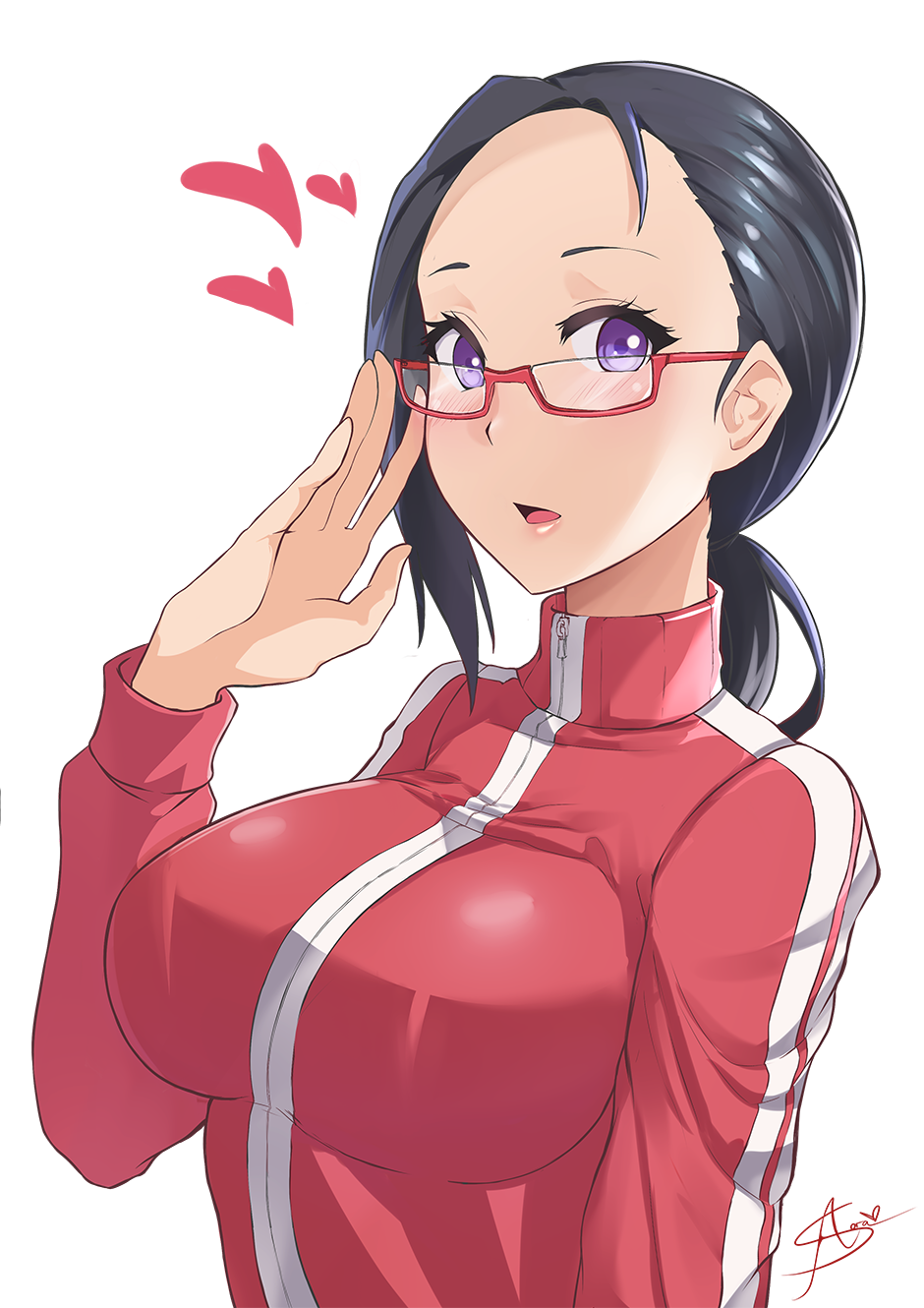 10s, 1girl, adjusting_eyewear, artist_name, azuran0, black_hair, blush, breasts