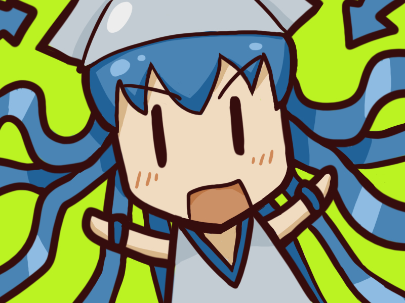 >=<, 1girl, :<, blue_hair, chibi, coyc, female_focus, green_background, hat, ikamusume, image_sample, outstretched_arms, shinryaku!_ikamusume, solo, squid_hat, tentacle_hair, v-shaped_eyebrows, |_|
