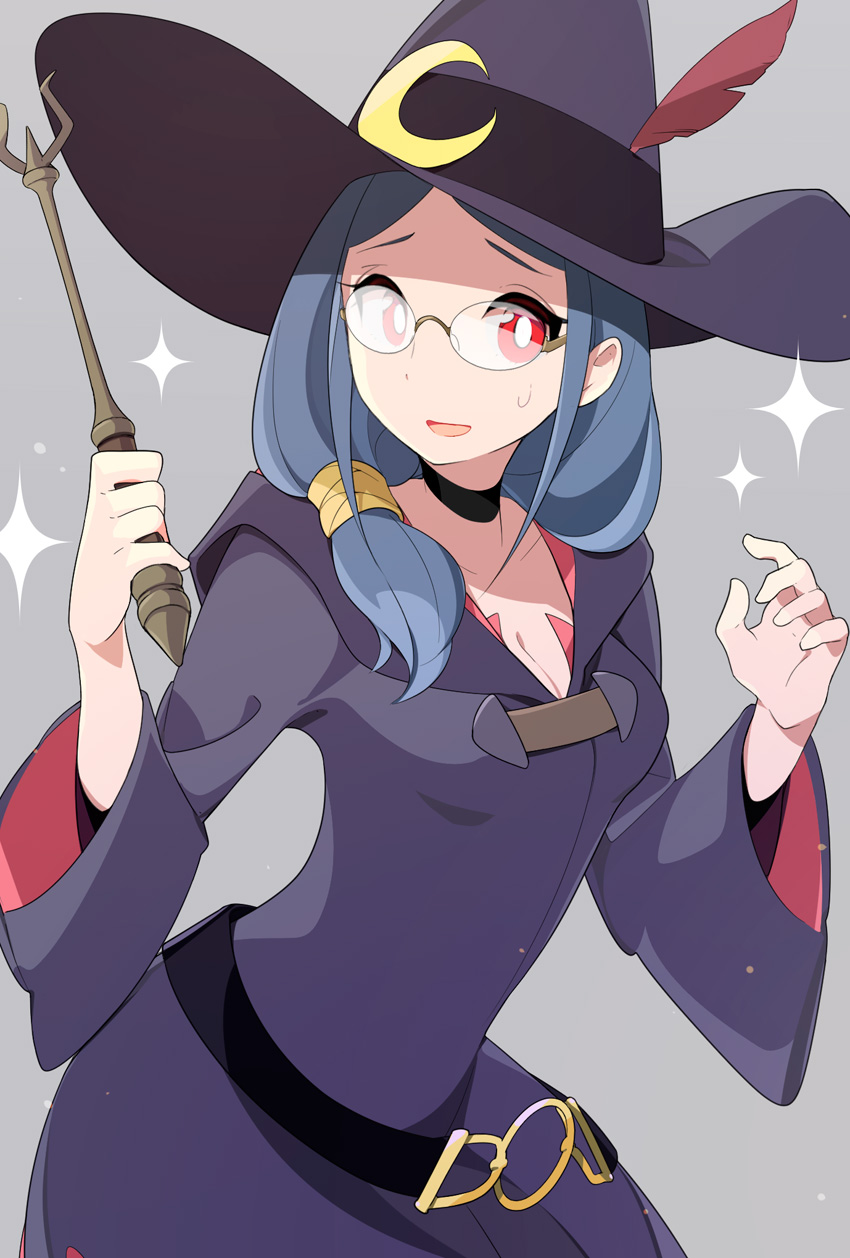 10s, 1girl, belt, blue_hair, breasts, choker, cleavage, crescent, female_focus, glasses, hair_over_shoulder, hat, hat_feather, highres, koshou_shichimi, little_witch_academia, medium_breasts, open_mouth, red_eyes, smile, solo, sparkle, sweatdrop, ursula_callistis, wand, wide_sleeves, witch, witch_hat