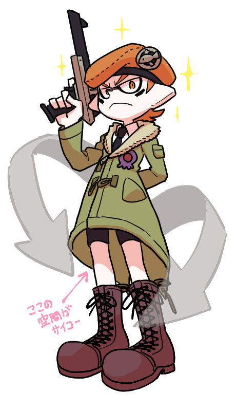 1boy, army-kun_(splatoon), beret, black_necktie, black_shorts, boots, brown_boots, closed_mouth