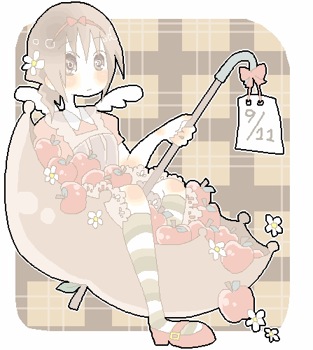 apple, apron, azuma_seiji, bath, black_shoes, blouse, brown_background, brown_shoes