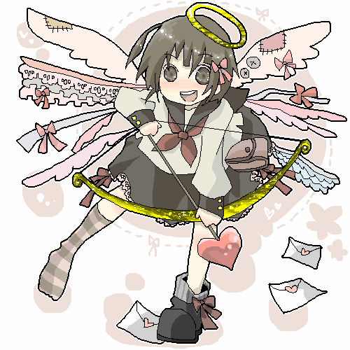 arrow_(projectile), azuma_seiji, bad_id, bad_pixiv_id, bow_(weapon), cupid, envelope, envelopes, halo, heart, heart_arrow, higashi_(azm), higashi_(pixiv114341), letter, lowres, oekaki, original, ribbon, school_uniform, serafuku, shoes, single_shoe, solo, striped, traditional_halo, weapon, wings