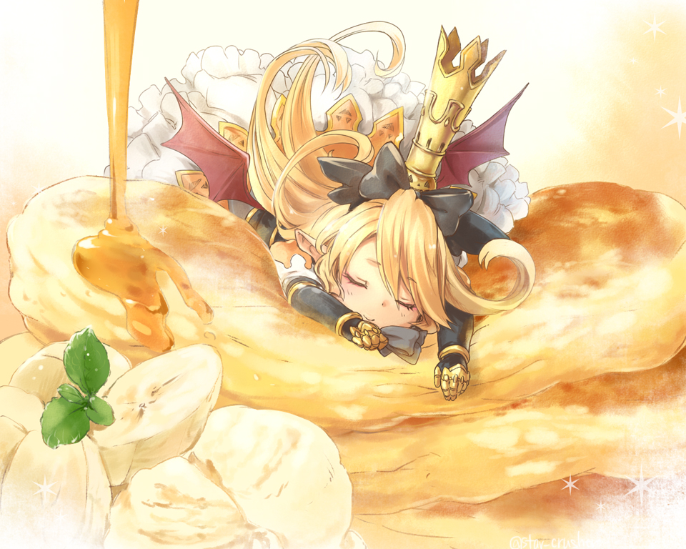 10s, 1girl, banana, banana_slice, bat_wings, black_bow, blonde_hair, blush