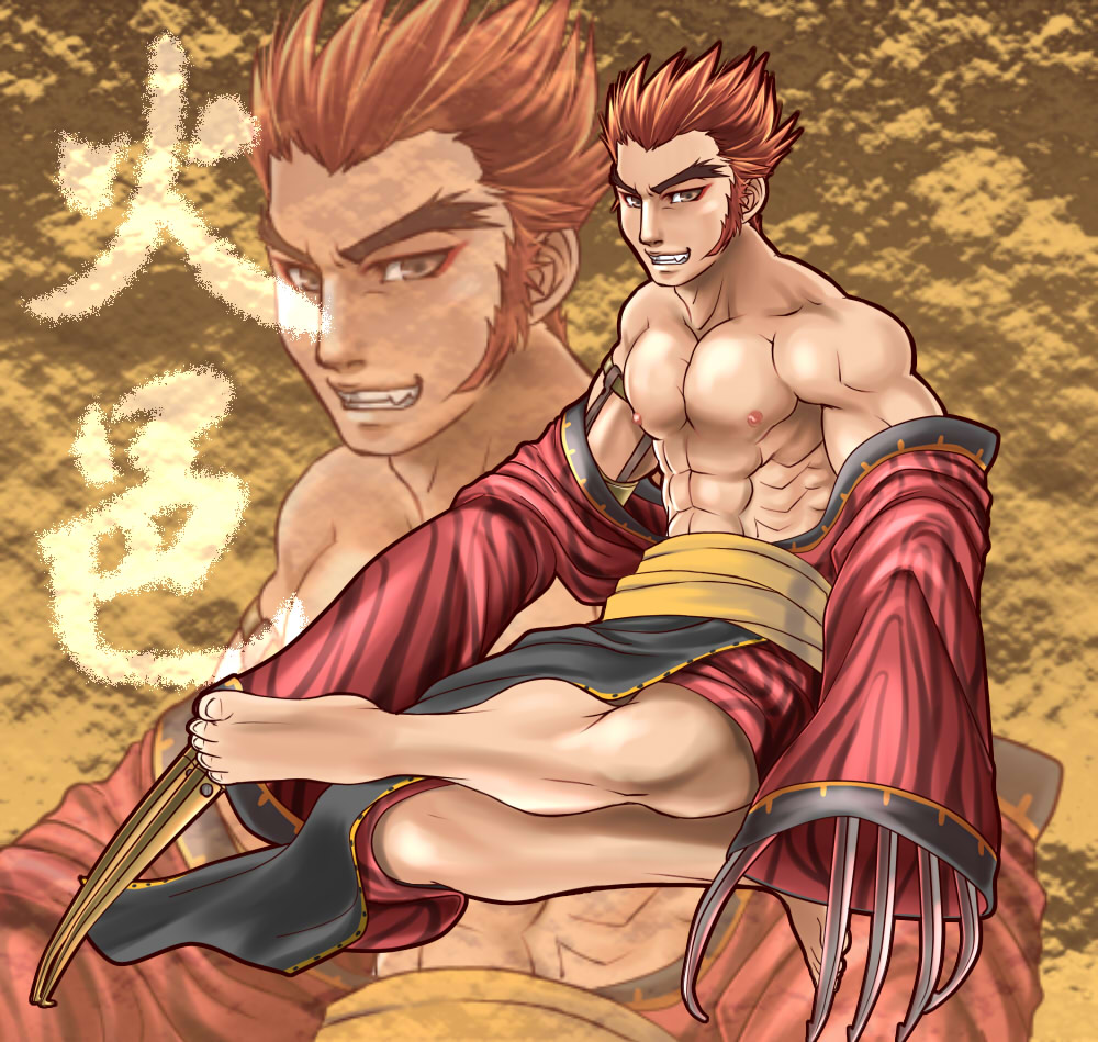 1boy, abs, bare_shoulders, barefoot, brown_eyes, character_request, claw_(weapon), claws, feet, forked_eyebrows, hands_in_opposite_sleeves, japanese_clothes, kimono, long_sleeves, male_focus, nipples, no_shoes, off_shoulder, red_hair, short_hair, solo, thick_eyebrows, tokisige, tokyo_majin_gakuen_kenpuuchou, weapon