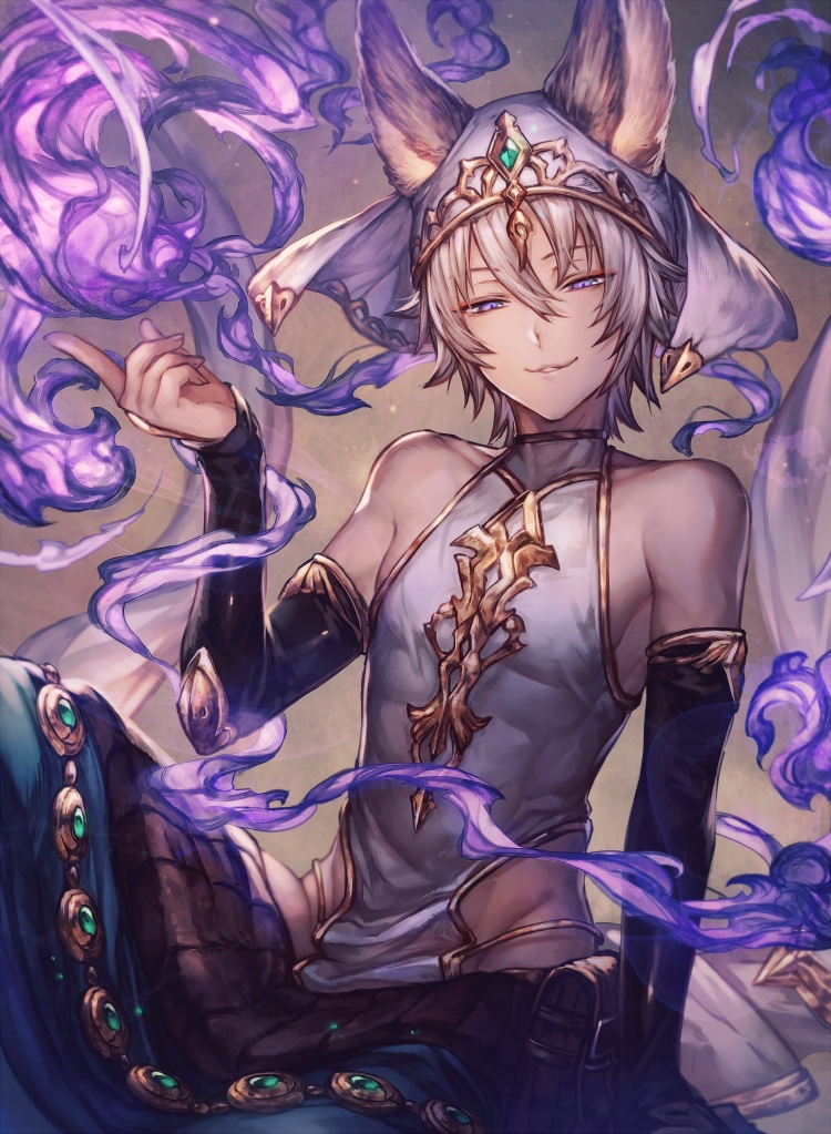 10s, 1boy, :3, animal_ears, bare_shoulders, blue_eyes, detached_sleeves, erune, granblue_fantasy, halterneck, male_focus, parted_lips, shigaraki_(strobe_blue), sleeveless, smile, smoke, solo, white_hair, xiao_(granblue_fantasy)