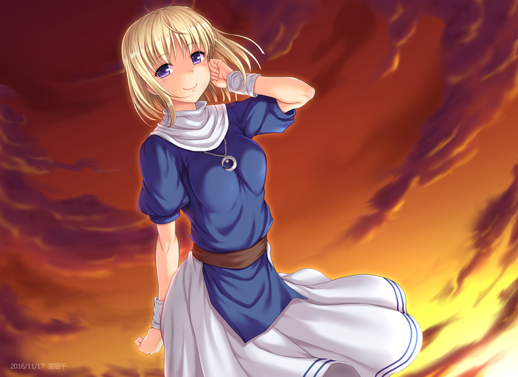 1girl, arm_behind_back, arm_up, artist_name, blonde_hair, breasts, brown_sky, closed_mouth, cloud, cloudy_sky, cowboy_shot, dated, elena_stoddart, evening, falcom, female_focus, looking_at_viewer, medium_breasts, miyai_sen, nun, outdoors, purple_eyes, skirt, sky, smile, solo, watermark, white_skirt, ys, ys_iii:_wanderers_from_ys