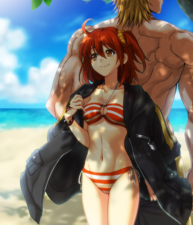 1boy, 1girl, ahoge, bikini, brown_eyes, fate/grand_order, fate_(series), from_behind