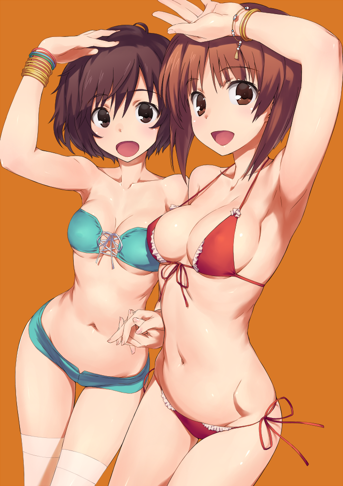 10s, 2girls, akiyama_yukari, alternate_costume, arm_above_head, arm_up, armpits, bikini, bikini_shorts, blush, breasts, brown_eyes, brown_hair, cleavage, frilled_bikini, frills, front-tie_top, girls_und_panzer, green_bikini, groin, hair_between_eyes, halterneck, happy, hip_bones, holding_hands, interlocked_fingers, looking_at_viewer, medium_breasts, messy_hair, multiple_girls, navel, neck, nishizumi_miho, orange_background, red_bikini, short_hair, shorts, side-by-side, side-tie_bikini_bottom, simple_background, small_breasts, smile, standing, strapless, strapless_bikini, string_bikini, swimsuit, tamahiyo, thighhighs, white_legwear, yuri