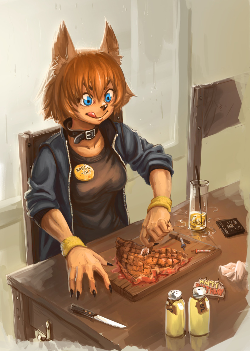 10s, 1girl, animal_ears, breasts, collar, dog_ears, dog_girl, dog_tail, food, furry, grin, highres, medium_breasts, monster_girl, monster_musume_no_iru_nichijou, nonobot, polt, smile, tail, tokuma_shoten