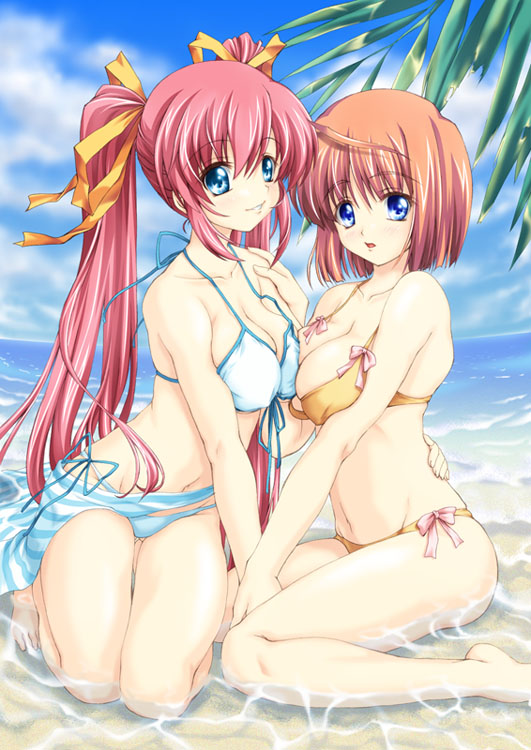 00s, 2girls, asakura_yume, beach, bikini, blue_eyes, breast_press, breasts