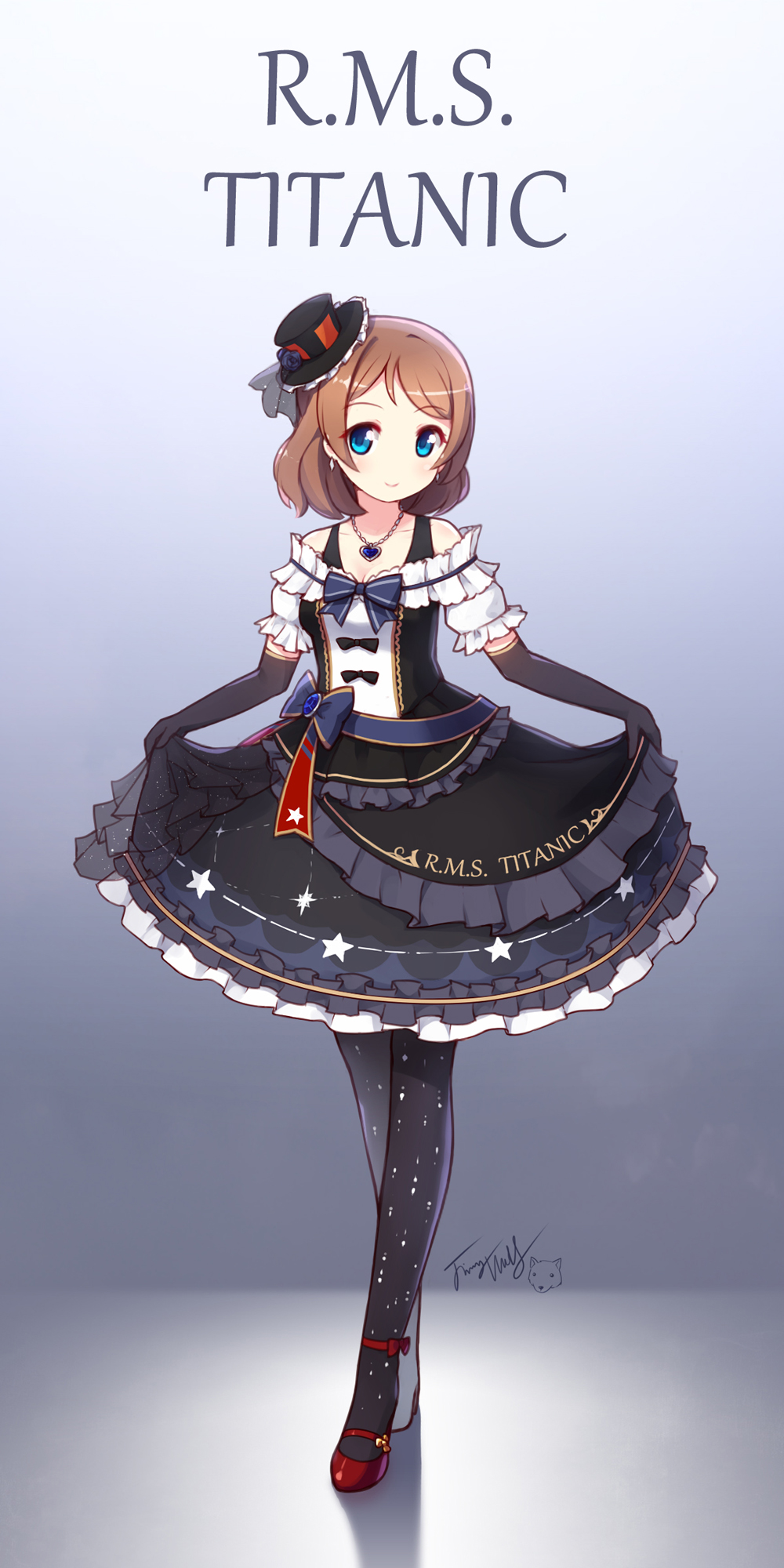 1girl, black_hat, black_pantyhose, blue_eyes, brown_hair, character_name, earrings, elbow_gloves