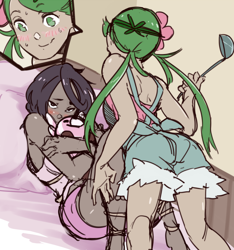 2girls, bare_shoulders, black_eyes, black_hair, blush, character_doll, dark-skinned_female, dark_skin