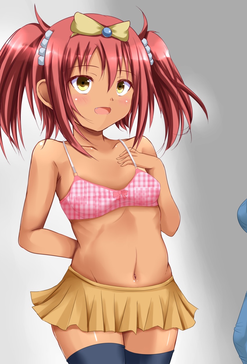 1girl, andrew_(duel_angel), arm_behind_back, bare_shoulders, black_thighhighs, bra, breasts, brown_hair, collarbone, cowboy_shot, dark-skinned_female, dark_skin, female_focus, gradient_background, highres, midriff, navel, open_mouth, pleated_skirt, skirt, small_breasts, solo, standing, thighhighs, twintails, underwear, yasuda_uria, yellow_eyes, yu-gi-oh!, yu-gi-oh!_5d's, yu-gi-oh!_5d's_tag_force, yu-gi-oh!_tag_force, zettai_ryouiki