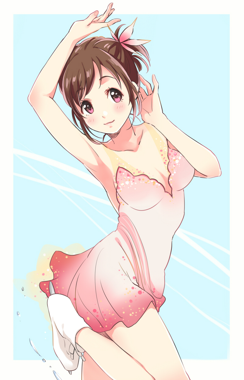 10s, 1girl, breasts, brown_eyes, brown_hair, cleavage, dress, female_focus, hair_ornament, highres, ice_skates, mature_female, nishigoori_yuuko, ponytail, shiomaru, skates, smile, solo, yuri!!!_on_ice