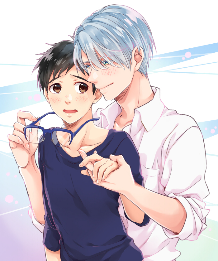 10s, 2boys, black_hair, blue-framed_eyewear, blue_eyes, blush, brown_eyes, collared_shirt