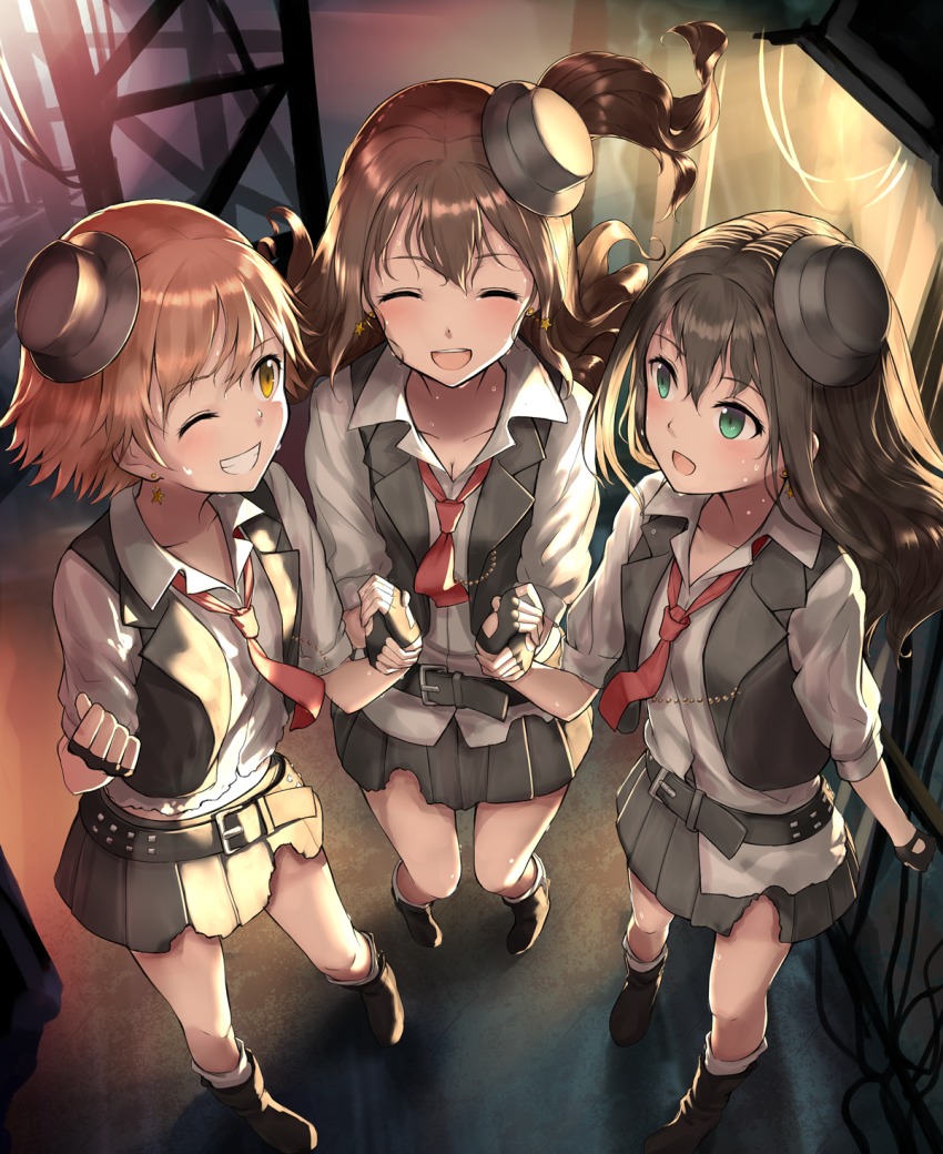 10s, 3girls, blush, brown_eyes, brown_hair, commentary_request, earrings, closed_eyes