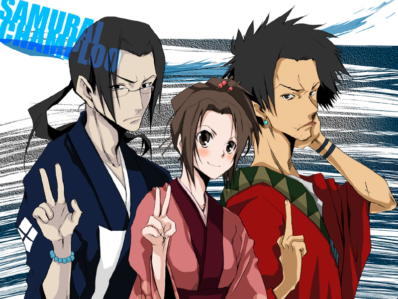 >:(, >:), >:d, 00s, 1girl, 2boys, :d, frown, fuu_(samurai_champloo), glasses, japanese_clothes, jinnosuke, kurafuji_sachi, middle_finger, mugen_(samurai_champloo), multiple_boys, open_mouth, samurai_champloo, smile, v, v-shaped_eyebrows