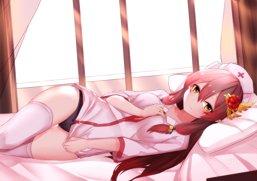 1girl, absurdres, alternate_costume, bed, black_panties, female_focus, hair_ornament, hat, highres, jewelry, khibiki_(brequiem), long_hair, looking_at_viewer, lying, nurse, nurse_cap, on_side, panties, pillow, pointy_ears, puzzle_&amp;_dragons, red_hair, ring, signature, skirt, skirt_tug, solo, thigh_gap, thighhighs, tsubaki_(p&amp;d), underwear, yellow_eyes