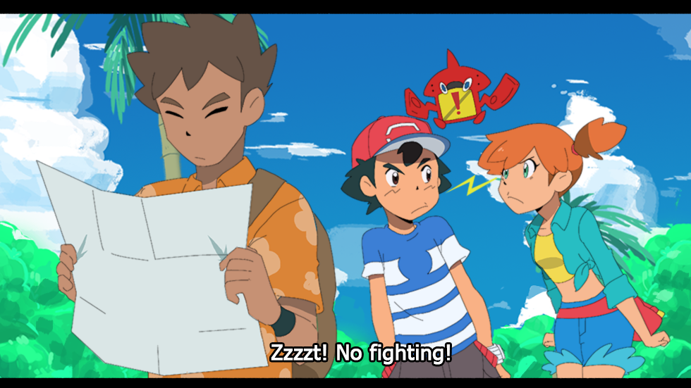 !, 1girl, 2boys, adapted_costume, alternate_costume, alternate_universe, ash_ketchum, backpack