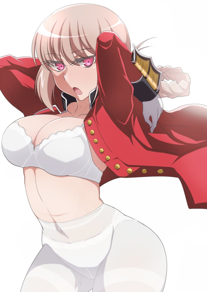 1girl, arms_up, bra, braid, breasts, buttons, cleavage, crotch_seam