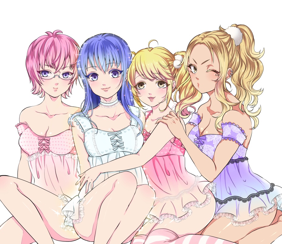 10s, 4girls, ;o, aiura_mikoto, anti-eyebrow_piercing, bare_shoulders, blonde_hair, blue_eyes, blue_hair, breasts, camisole, chemise, choker, cleavage, ear_piercing, eye_piercing, face_piercing, frills, genderswap, genderswap_(mtf), glasses, hair_ornament, hands_on_another's_shoulders, hug, lingerie, long_hair, looking_at_viewer, mame_sennin, medium_breasts, multiple_girls, nightgown, one_eye_closed, parted_lips, piercing, pink_hair, pom_pom_(clothes), ponytail, purple_eyes, rifuta_imu, saiki_kuriko, saiki_kusuo, saiki_kusuo_no_psi_nan, short_hair, sidelocks, sitting, small_breasts, smile, sparkle, striped_clothes, striped_legwear, striped_thighhighs, teruhashi_kokomi, thighhighs, thighs, twintails, underwear, wavy_hair, yellow_eyes