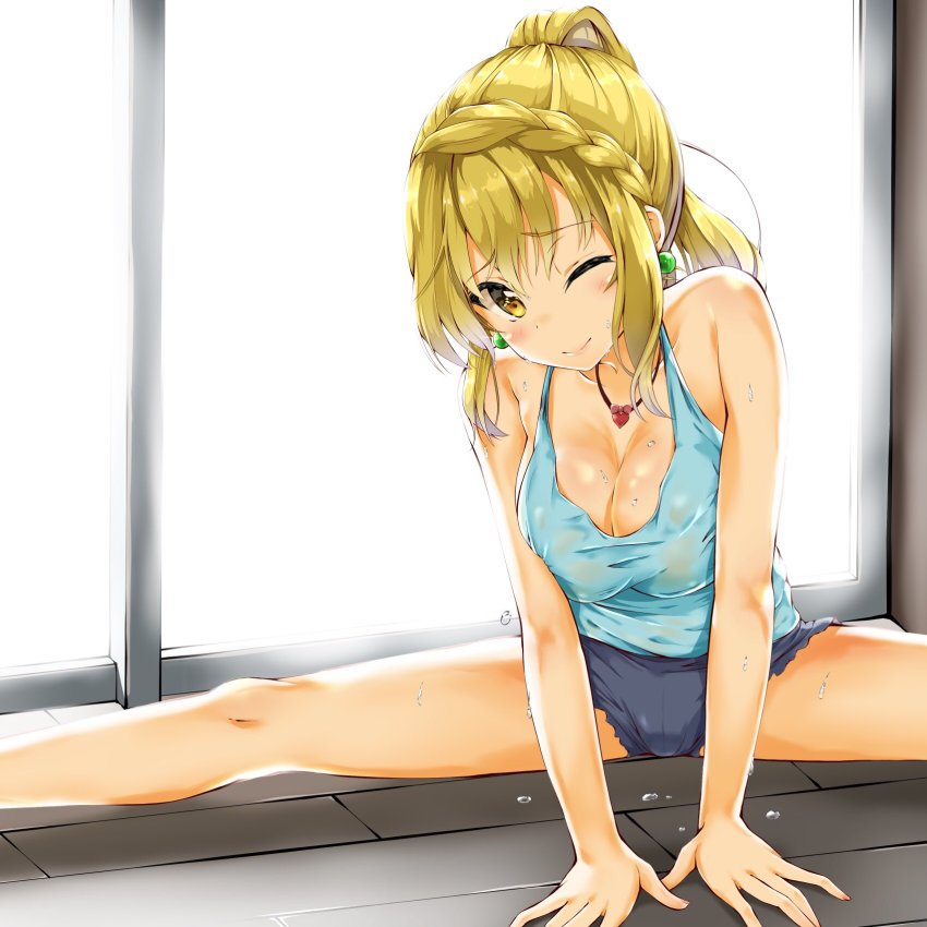 1girl, ;), blonde_hair, blue_shirt, blue_shorts, blush, braid, breasts