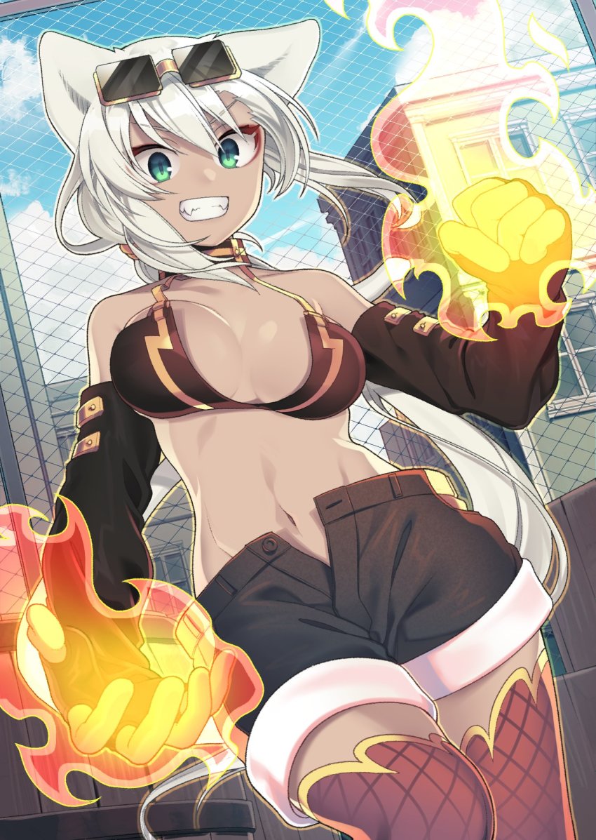 1girl, animal_ears, bad_id, bad_twitter_id, barrel, bikini, bikini_top_only, black_bikini, black_gloves, breasts, cat_ears, chain-link_fence, cleavage, clenched_hand, collar, cowboy_shot, dark-skinned_female, dark_skin, day, dutch_angle, elbow_gloves, eyewear_on_head, fangs, female_focus, fence, fire, fishnet_thighhighs, fishnets, flaming_hand, gloves, green_eyes, grin, hashido_kimitaka, highres, kaiten_muten-maru, long_hair, looking_at_viewer, low_ponytail, navel, open_clothes, open_mouth, open_shorts, outdoors, ponytail, shamu_meruruusa, shorts, smile, solo, sunglasses, swimsuit, teeth, thighhighs, very_long_hair, white_hair, yellow-framed_eyewear