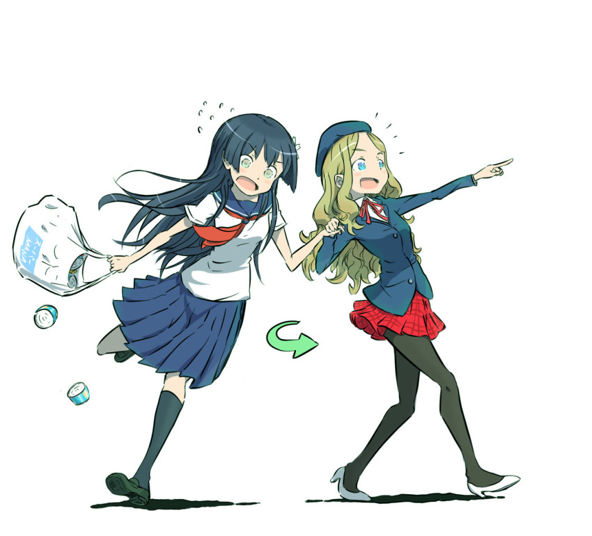 2girls, arrow_(symbol), bag, beret, black_legwear, blonde_hair, blue_eyes, blue_skirt, flying_sweatdrops, frenda_seivelun, full_body, groceries, hat, long_hair, long_skirt, multiple_girls, neckerchief, nitioku, open_mouth, pantyhose, plaid_clothes, plaid_skirt, plastic_bag, pleated_skirt, pointing, red_neckerchief, red_skirt, saten_ruiko, school_uniform, serafuku, skirt, toaru_kagaku_no_railgun, toaru_kagaku_no_railgun_t, toaru_majutsu_no_index, walking, white_background