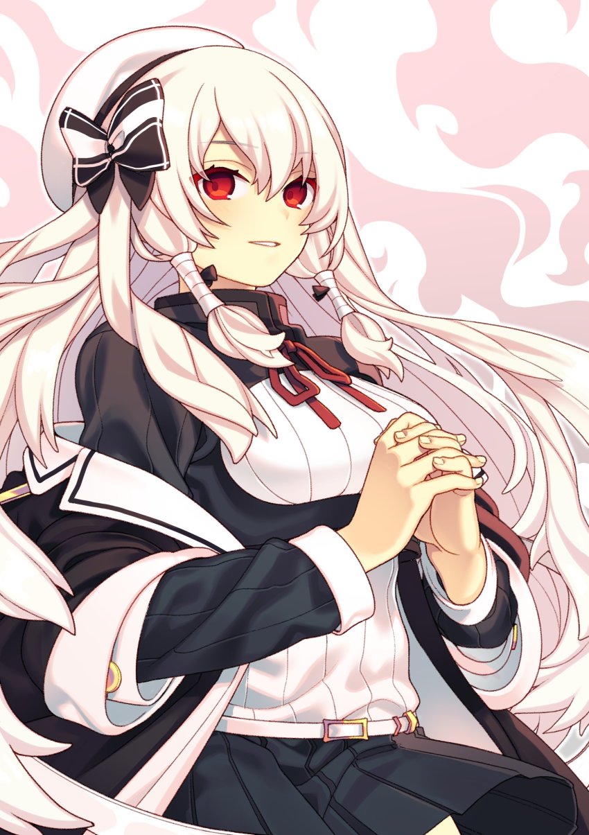 1girl, absurdres, bad_id, bad_twitter_id, belt, beret, black_bow, black_jacket