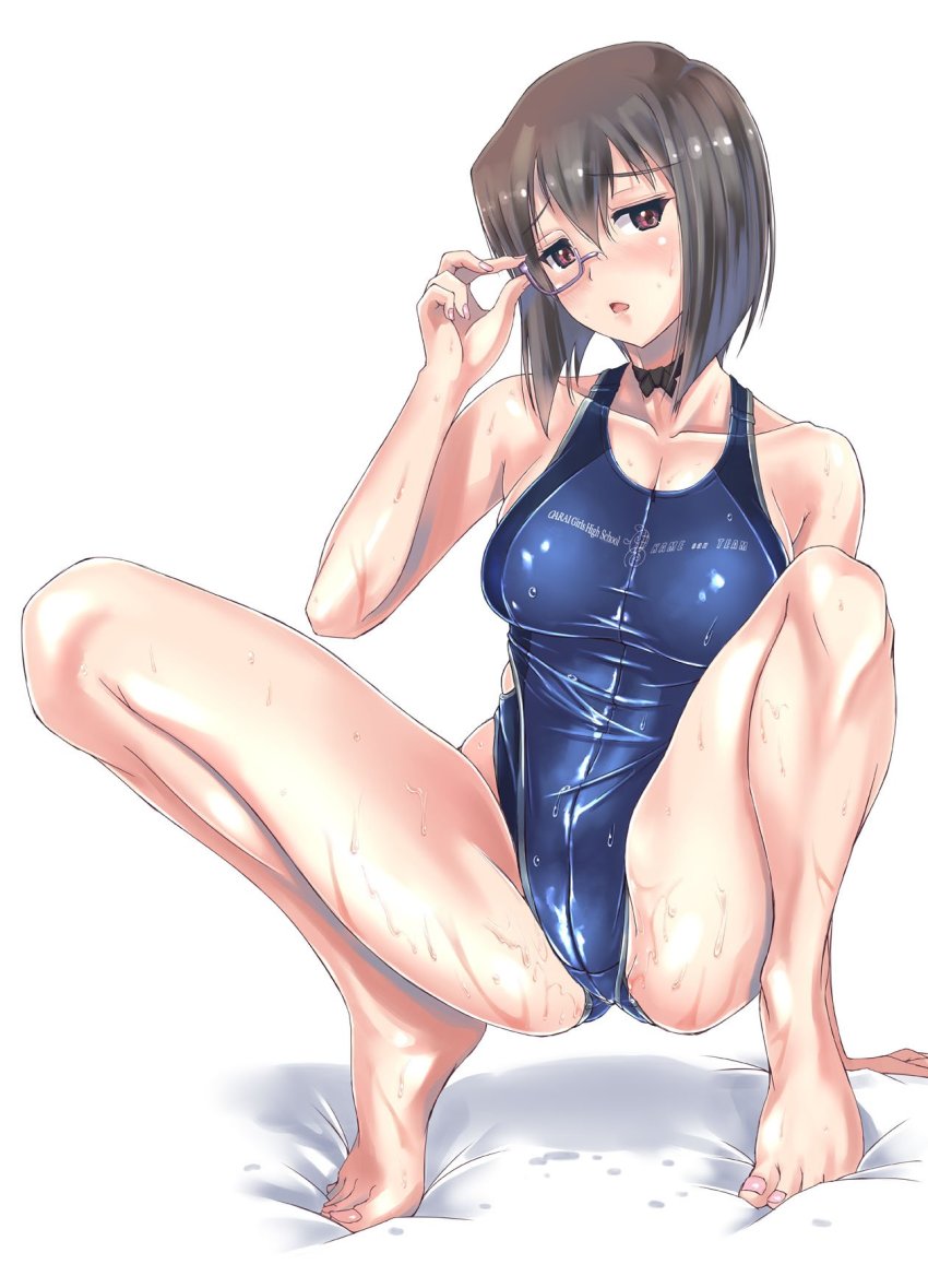 10s, 1girl, adjusting_monocle, barefoot, black_eyes, black_hair, blue_one-piece_swimsuit, blush