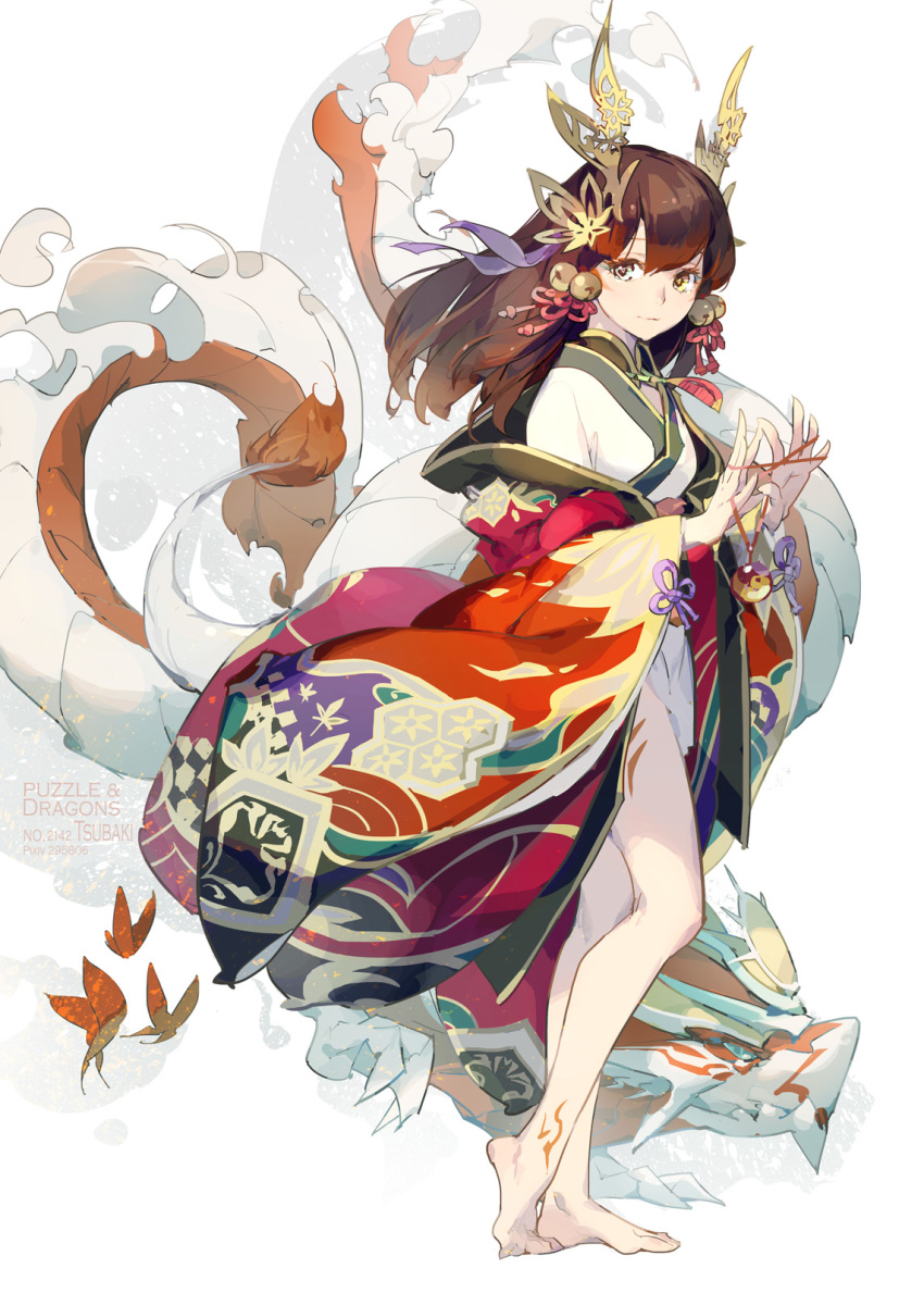 1girl, bare_legs, barefoot, bell, brown_hair, dragon_girl, female_focus, full_body, hair_ornament, highres, japanese_clothes, jingle_bell, kimono, long_hair, puzzle_&amp;_dragons, short_kimono, solo, tail, tennohi, tsubaki_(p&amp;d), yellow_eyes
