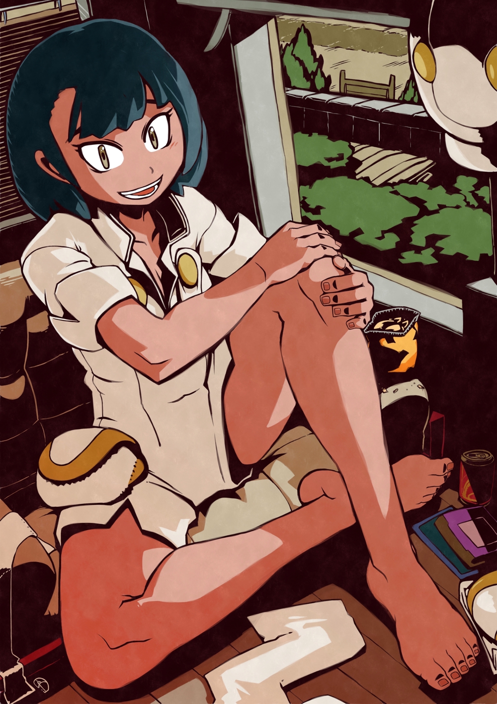 1girl, :d, aether_foundation_employee, aether_foundation_employee_(female), bare_legs, barefoot, black_eyes, breasts