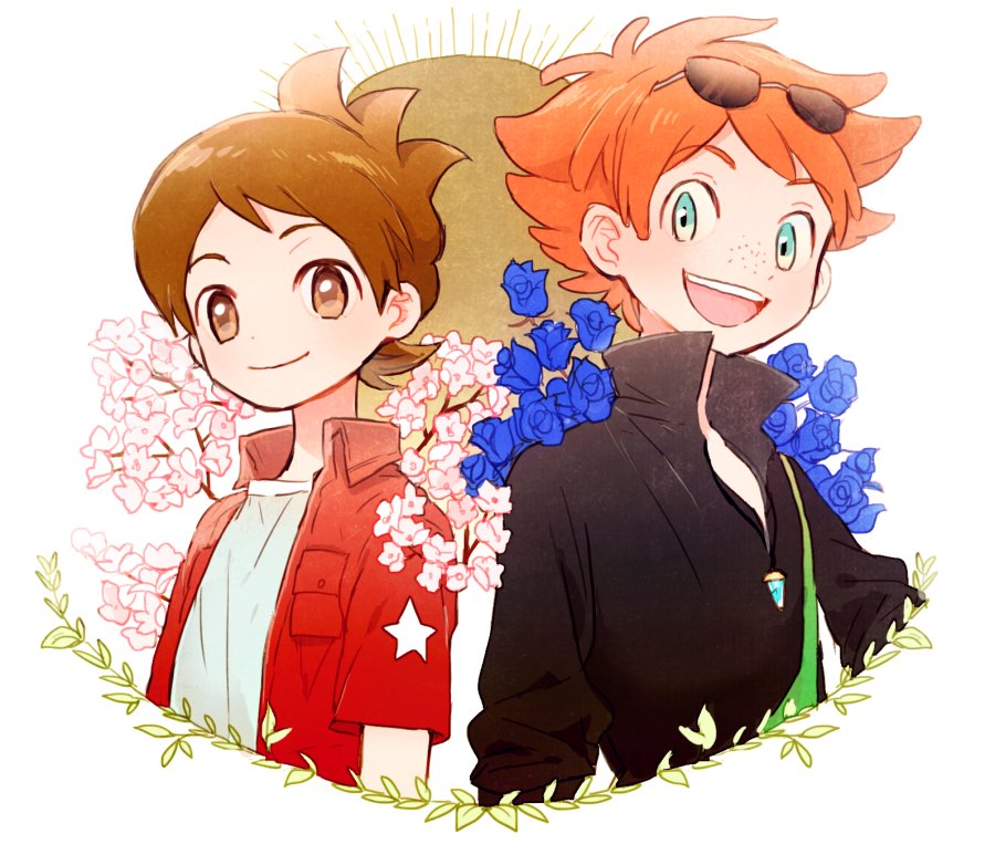 10s, 2boys, amano_keita, american_flag, bad_id, bad_twitter_id, blue_eyes, blue_flower