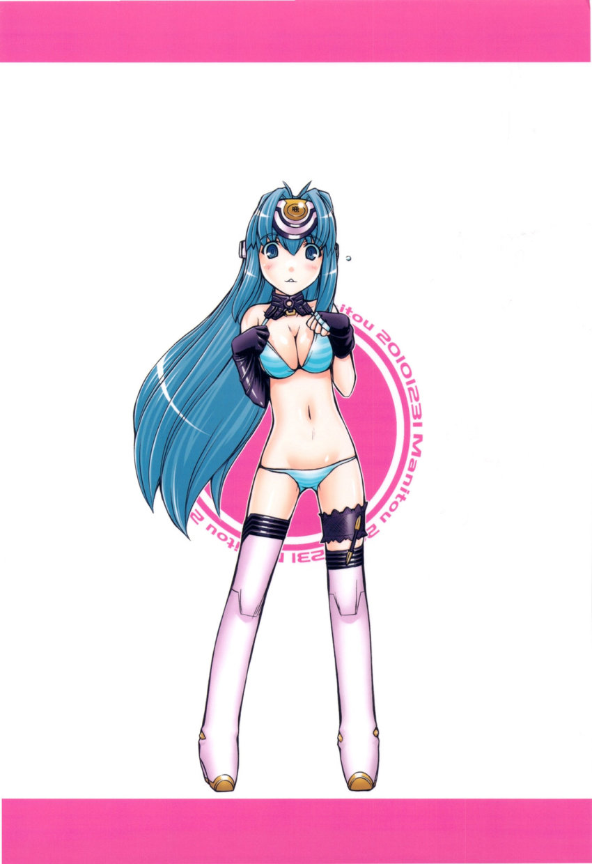 00s, 1girl, ass, bikini, blue_hair, breasts, elbow_gloves, covered_erect_nipples