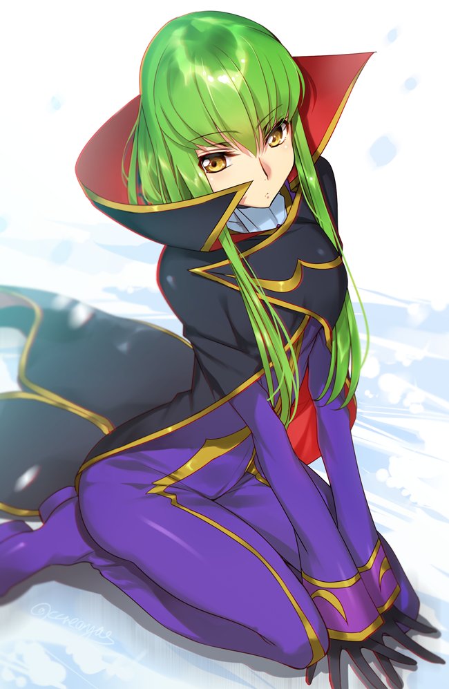 1girl, c.c., code_geass, cosplay, creayus, female_focus, green_hair, lelouch_vi_britannia, lelouch_vi_britannia_(cosplay), long_hair, looking_at_viewer, simple_background, solo, yellow_eyes, zero_(code_geass), zero_(code_geass)_(cosplay)