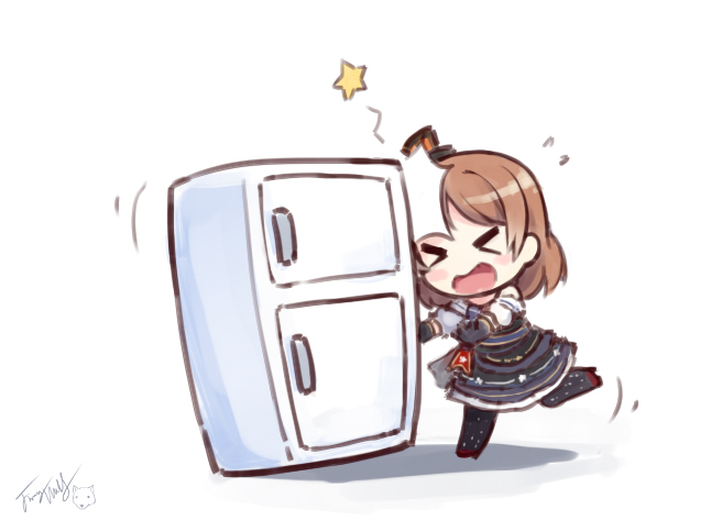 >_<, 1girl, black_hat, brown_hair, bumping, chibi, closed_eyes, elbow_gloves