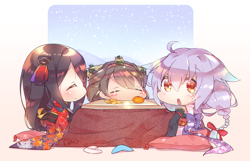 3girls, ^_^, ahoge, black_hair, blush, blush_stickers, bow, braid