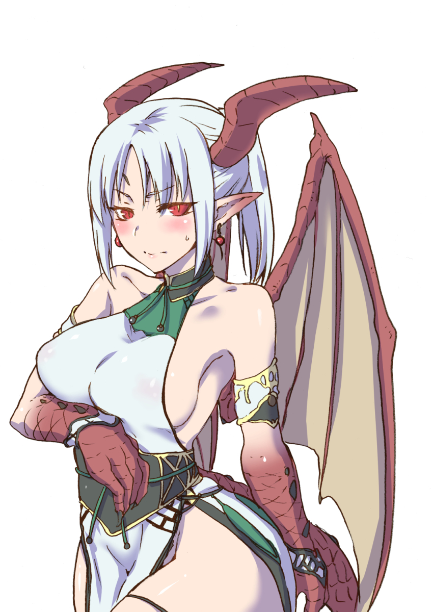 1girl, blue_hair, blush, breasts, dragon_girl, dragon_horns, dragon_tail, dragon_wings