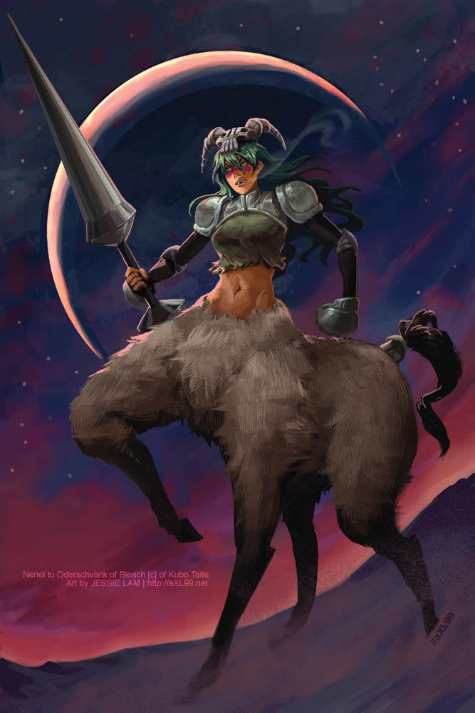 00s, 1girl, armor, arrancar, axl99, bleach, breasts, centauroid, character_name, copyright_name, facial_mark, female_focus, green_hair, helmet, horns, jessie_lam, lance, large_breasts, long_hair, midriff, monster_girl, moon, nelliel_tu_odelschwanck, night, polearm, resurreccion, skull, solo, spear, star_(symbol), tail, taur, watermark, weapon, web_address