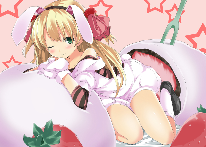 1girl, animal_ears, bare_legs, bare_shoulders, blonde_hair, blush, bow, collarbone