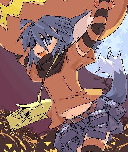 animal_ears, jack-o'-lantern, lowres, mof, oekaki, pumpkin, solo, striped_legwear