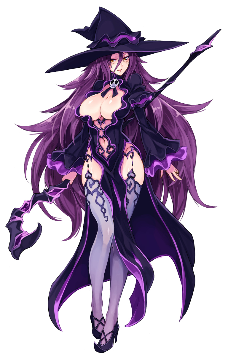 1girl, breasts, cleavage, cleavage_cutout, clothing_cutout, dark_mage_(monster_girl_encyclopedia), female_focus, full_body, hat, high_heels, highres, jewelry, kenkou_cross, large_breasts, loincloth, long_hair, looking_at_viewer, mage_staff, monster_girl_encyclopedia, monster_girl_encyclopedia_ii, navel, navel_cutout, official_art, pelvic_curtain, pointy_shoes, purple_hair, purple_theme, purple_thighhighs, revealing_clothes, ring, sagging_breasts, shoes, simple_background, solo, staff, thighhighs, very_long_hair, white_background, wide_sleeves, witch, witch_hat, yellow_eyes